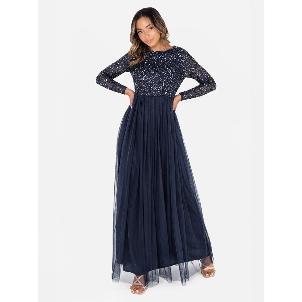 Maya Deluxe Women's Maya Embellished Long Sleeve Maxi Dress, Navy‎ Size 2 Petite